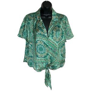 NWOT Eclair Satin Blouse Womens M Tie Front Boho Hippie S/S Button Mosaic Boxy